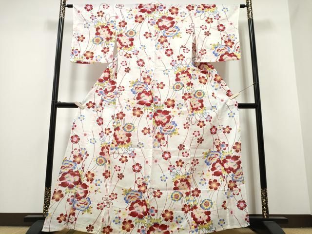 平和屋着物∴夏物 浴衣 綿紅梅 牡丹花文 綿 ng