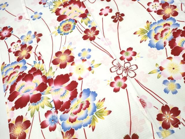  平和屋着物∴夏物 浴衣 綿紅梅 牡丹花文 綿 ng 浴衣単品 浴衣