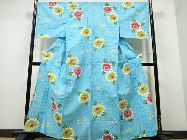 平和屋着物∴夏物 浴衣 蜻蛉 トンボ 舞菊文 綿 ng