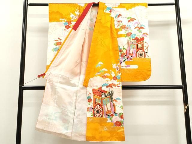 平和屋着物 七五三 女の子 ７歳 祝着 四つ身 駒刺繍 御所車草花文 金彩 洗える着物 ze