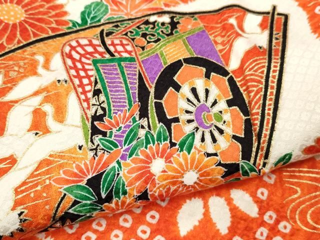  平和屋着物 七五三 女の子 ７歳 祝着 四つ身 地紙重ね飛鶴草花文 金彩 ze 着物 着物ドレス 着物 浴衣 和小物