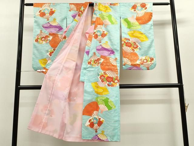 平和屋着物 七五三 女の子 ７歳 祝着 四つ身 扇面草花文 金彩 洗える着物 ze