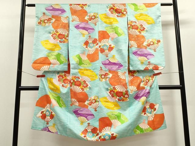 平和屋着物 七五三 女の子 ７歳 祝着 四つ身 扇面草花文 金彩 洗える着物 ze