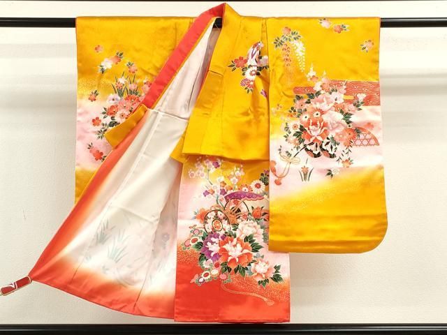 平和屋着物 七五三 女の子 ３歳 祝着 三つ身 長襦袢セット 花車鞠文 暈し染め 金彩 ze