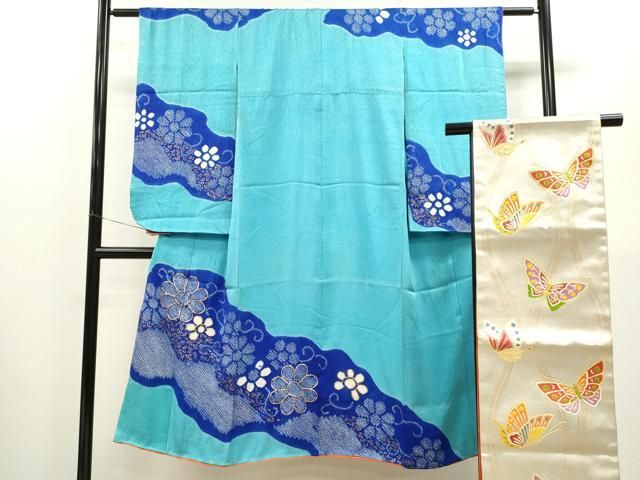 平和屋着物 七五三 女の子 ７歳 祝着 四つ身 袋帯セット 駒刺繍 絞り 花唐草文 金彩 ze