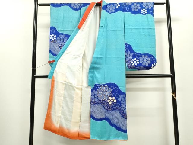 平和屋着物 七五三 女の子 ７歳 祝着 四つ身 袋帯セット 駒刺繍 絞り 花唐草文 金彩 ze