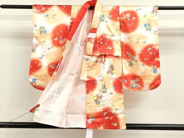 平和屋着物 七五三 女の子 ３歳 祝着 三つ身 長襦袢 被布セット 花籠舞蝶文 暈し染め 洗える着物 ze