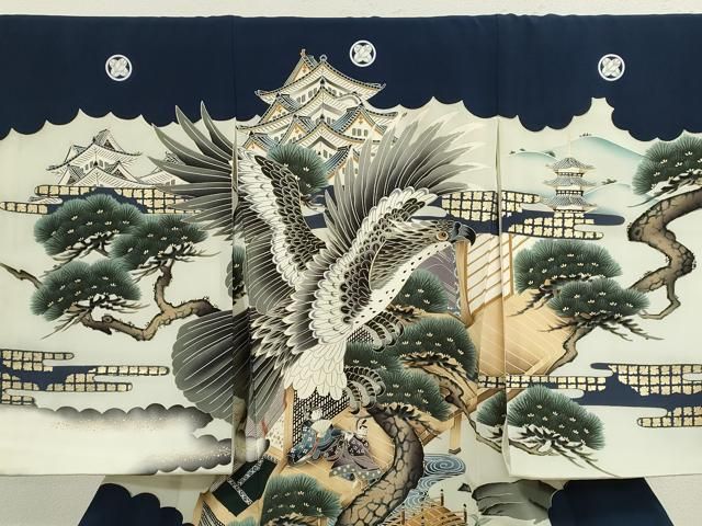 平和屋着物 お宮参り 男の子 祝着 産着 初着 のしめ 鷹人物風景文 暈し染め 金彩 ze