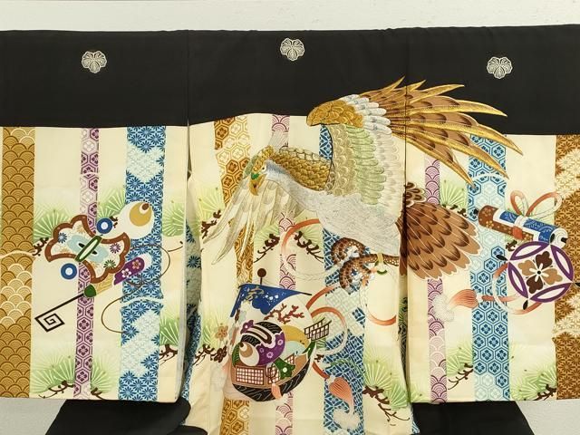 平和屋着物 お宮参り 男の子 祝着 産着 初着 のしめ 刺繍 鷹 宝尽くし吉祥間道 黒地 ze