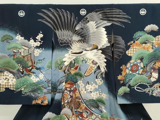 平和屋着物 お宮参り 男の子 祝着 産着 初着 のしめ 鷹 松竹梅絵巻宝尽くし 暈し染め 金彩 ze
