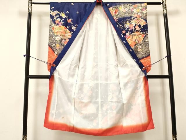 平和屋着物 七五三 女の子 ７歳 祝着 四つ身 地紙重ね御所車花文 暈し染め 金彩 ma