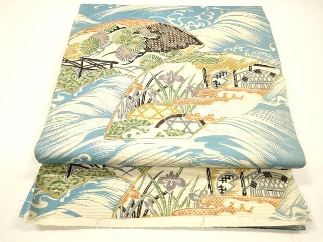 平和屋着物 夏物 アンティーク 大正ロマン 両面 全通柄 京袋帯 駒刺繍 鹿の子風景文 籬流水舟松文 金彩 正絹 cm