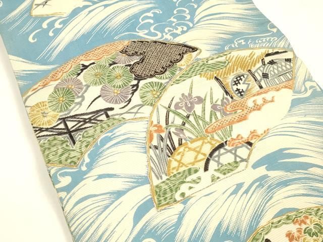 平和屋着物 夏物 アンティーク 大正ロマン 両面 全通柄 京袋帯 駒刺繍 鹿の子風景文 籬流水舟松文 金彩 正絹 cm
