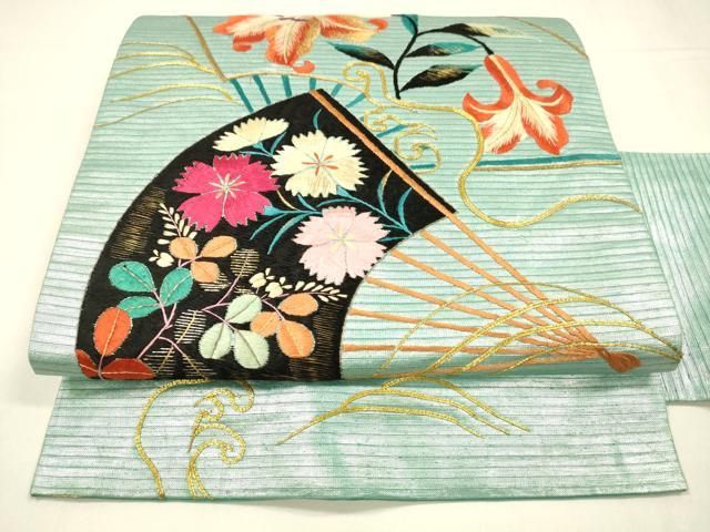 平和屋着物 夏物 アンティーク 大正ロマン 九寸名古屋帯 駒刺繍 総刺繍 扇面草花文 金銀糸 引箔 正絹 cm