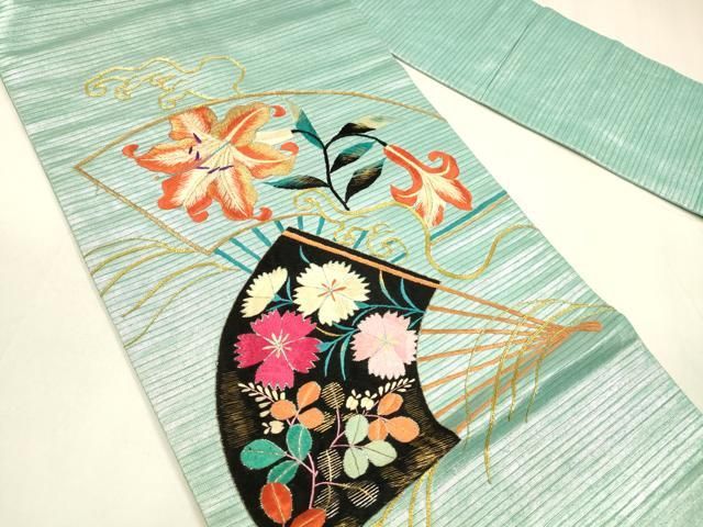 平和屋着物 夏物 アンティーク 大正ロマン 九寸名古屋帯 駒刺繍 総刺繍 扇面草花文 金銀糸 引箔 正絹 cm