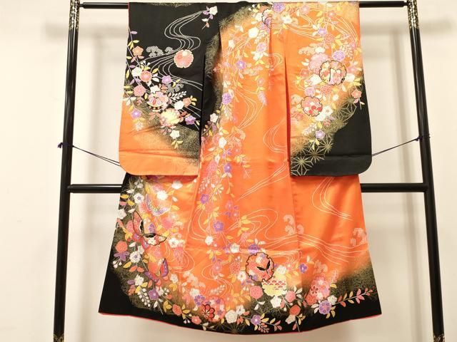 平和屋着物 七五三 女の子 ７歳 祝着 四つ身 雪輪花蝶文 暈し染め 金彩 ma