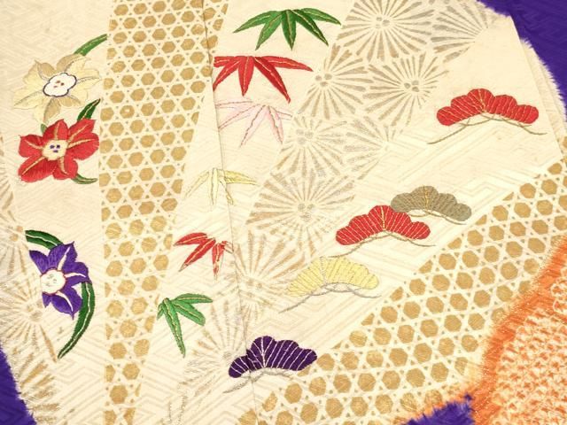  平和屋着物 アンティーク 大正ロマン 七五三 女の子 ７歳 祝着 四つ身 駒刺繍 絞り 松竹梅 檜扇花文 金銀彩 ma 着物 着物ドレス 着物 浴衣 和小物