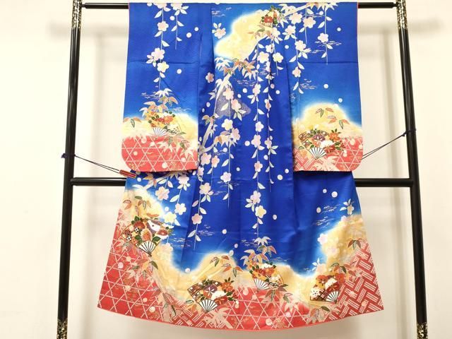平和屋着物 七五三 女の子 ７歳 祝着 四つ身 駒刺繍 扇面花文 暈し染め 金彩 ma