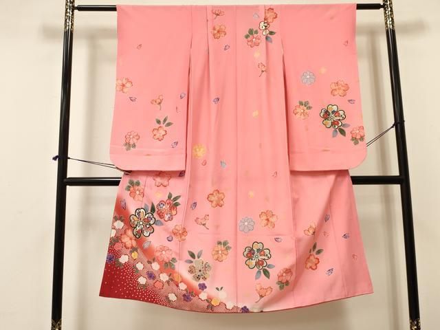 平和屋着物 七五三 女の子 ７歳 祝着 四つ身 花蝶文 暈し染め 金銀彩 ma