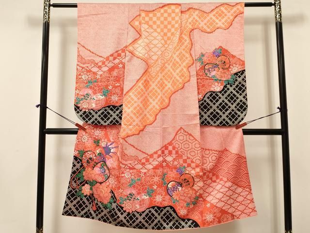 平和屋着物 七五三 女の子 ７歳 祝着 四つ身 袋帯セット 鼓花文 金彩 洗える着物 ma