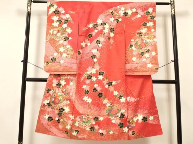 平和屋着物 七五三 女の子 ７歳 祝着 四つ身 袋帯セット 鈴牡丹花文 金彩 ma