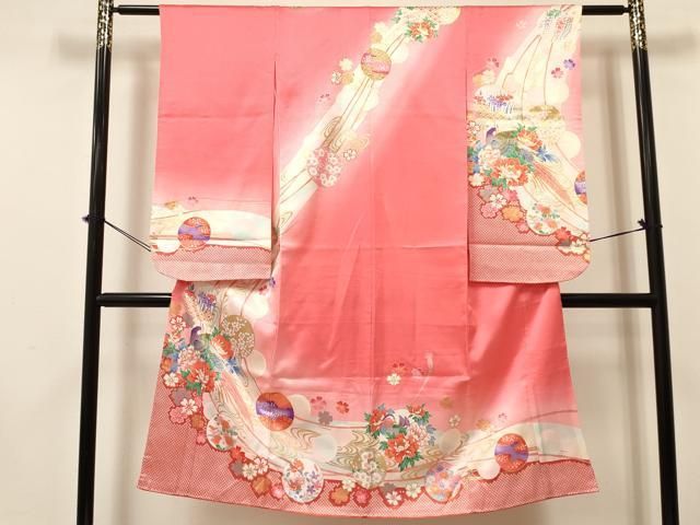 平和屋着物 七五三 女の子 ７歳 祝着 四つ身 袋帯セット 花鳥丸文 暈し染め 金彩 ma