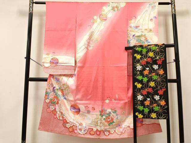 平和屋着物 七五三 女の子 ７歳 祝着 四つ身 袋帯セット 花鳥丸文 暈し染め 金彩 ma