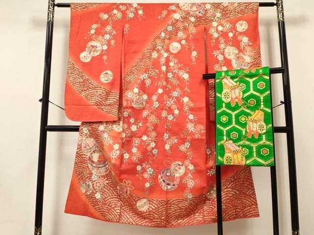 平和屋着物 七五三 女の子 ７歳 祝着 四つ身 袋帯セット 鞠花文 暈し染め 金彩 ma