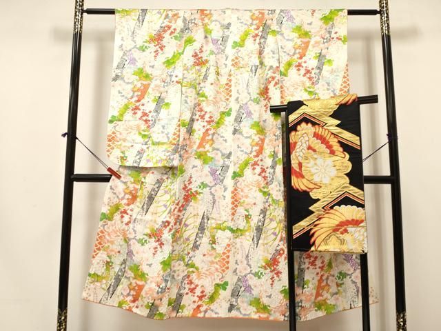 平和屋着物 七五三 女の子 ７歳 祝着 四つ身 袋帯セット 乱菊 草花文 金彩 ma