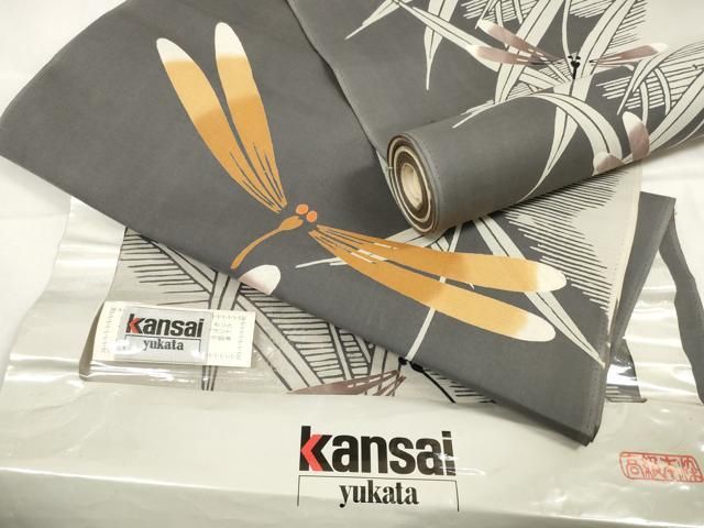 平和屋着物∴夏物 世界的ファッションデザイナー 山本寛斎 kansaiブランド 浴衣 反物 着尺 草花に蜻蛉 綿 zzz