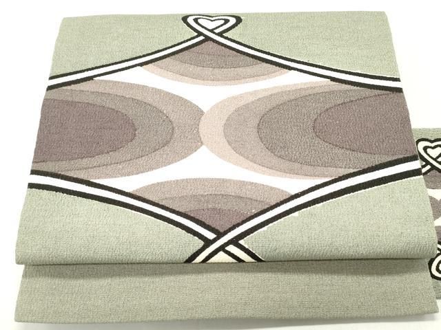 平和屋着物○九寸名古屋帯 型染め 霞菱文 鬼しぼ縮緬 正絹 逸品