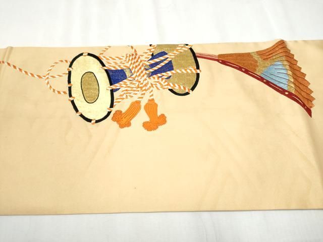 平和屋着物 アンティーク 大正ロマン 丸帯 総刺繍 駒刺繍 能面 横笛 金糸 正絹 hy その他 着物 浴衣