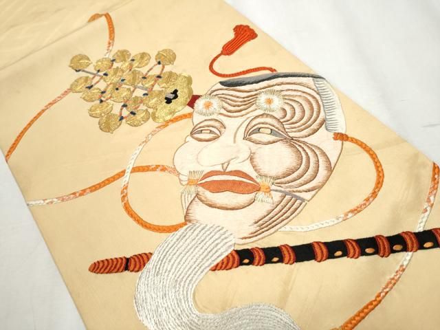 平和屋着物 アンティーク 大正ロマン 丸帯 総刺繍 駒刺繍 能面 横笛 金糸 正絹 hy
