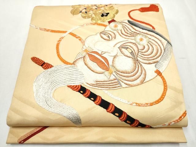 平和屋着物 アンティーク 大正ロマン 丸帯 総刺繍 駒刺繍 能面 横笛 金糸 正絹 hy