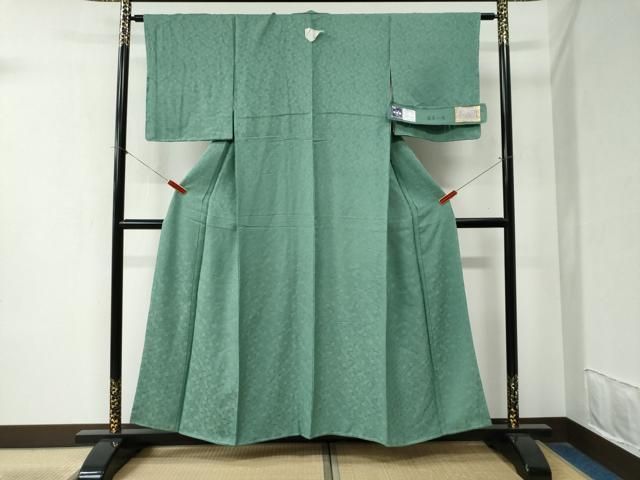 平和屋着物 上質な色無地 菊華小紋 堅牢染 菊地紋 木賊色 反端付き 正絹 yc