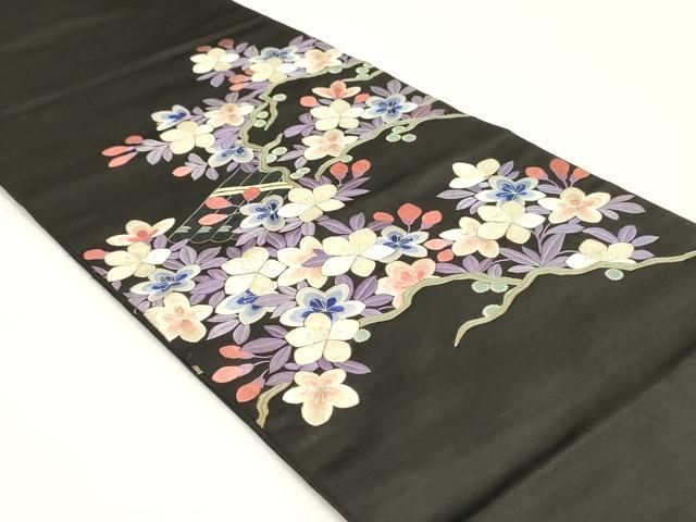 平和屋着物 アンティーク 大正ロマン 丸帯 駒刺繍 総刺繍 枝花文 黒地 引き抜き帯 正絹 ob