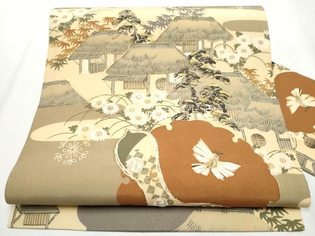 平和屋着物 アンティーク 大正ロマン 九寸名古屋帯 風景草花文 金糸 正絹 hy