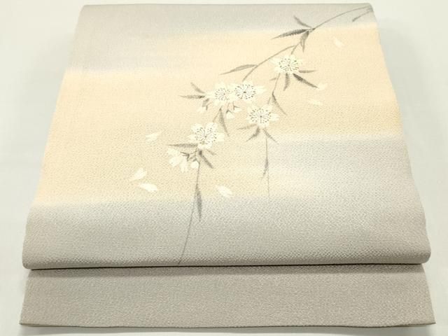 平和屋着物●太鼓柄袋帯　手描き　枝垂れ桜文　鬼しぼ縮緬　正絹　逸品　DAAZ3201ob 平和屋着物○太鼓柄袋帯 手描き 枝垂れ桜文 鬼しぼ縮緬 正絹 逸品