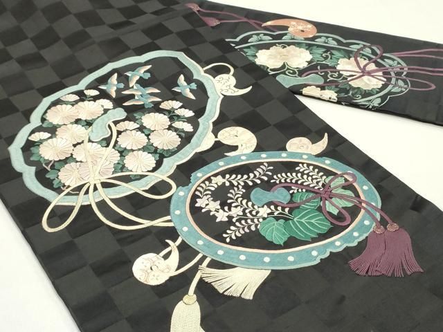 平和屋着物 アンティーク 大正ロマン 九寸名古屋帯 総刺繍 鏡裏花鳥文 黒地 正絹 ob