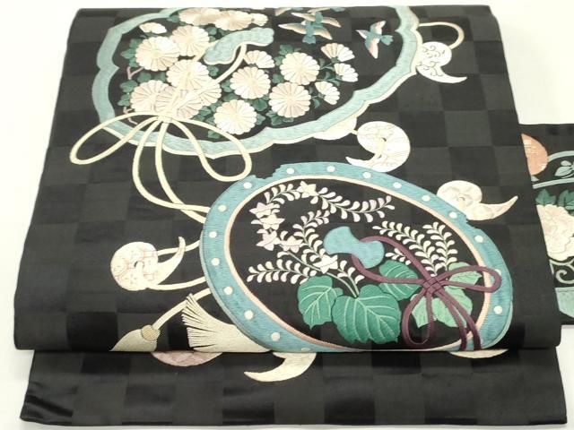 平和屋着物 アンティーク 大正ロマン 九寸名古屋帯 総刺繍 鏡裏花鳥文 黒地 正絹 ob