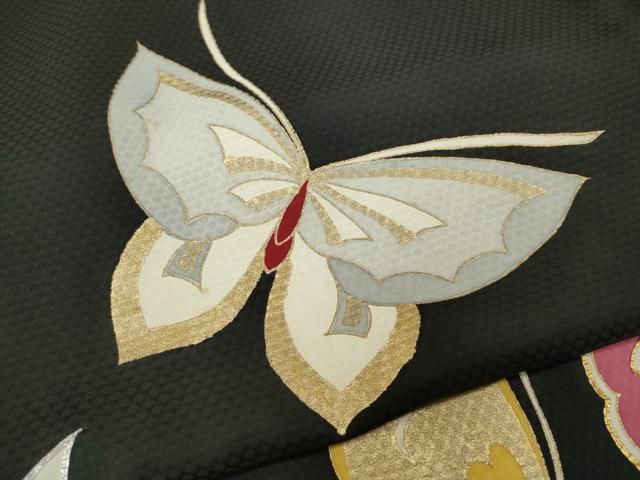 平和屋着物○セミアンティーク 訪問着 駒刺繍 舞蝶文 黒地 金彩 正絹