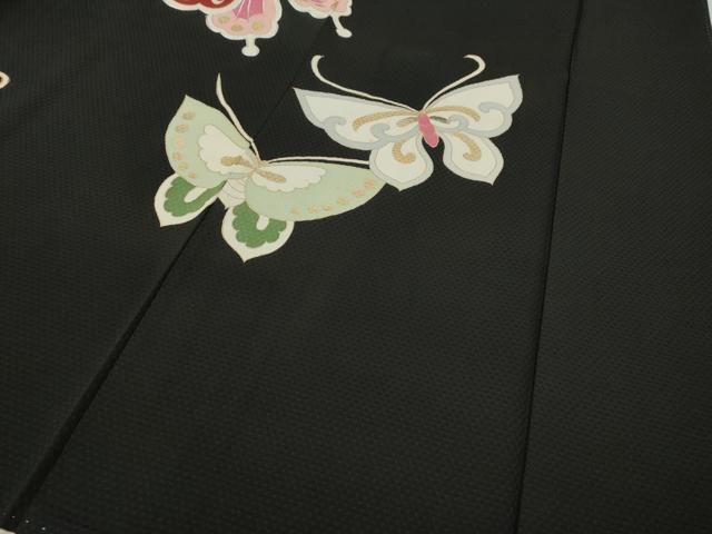 平和屋着物●セミアンティーク　訪問着　駒刺繍　舞蝶文　黒地　金彩　正絹　逸品　CABA8400ut 平和屋着物○セミアンティーク 訪問着 駒刺繍 舞蝶文 黒地 金彩 正絹