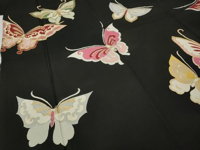 平和屋着物○セミアンティーク 訪問着 駒刺繍 舞蝶文 黒地 金彩 正絹