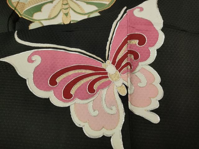 平和屋着物○セミアンティーク 訪問着 駒刺繍 舞蝶文 黒地 金彩 正絹