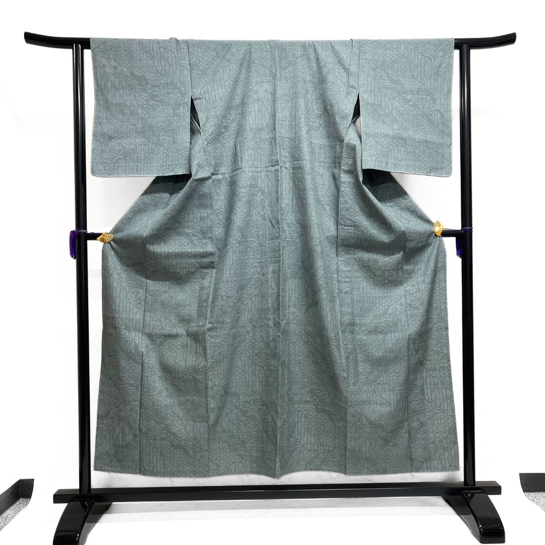 小紋 本場結城紬 単衣 道長取り 100亀甲 菊 着物 123 b d ms