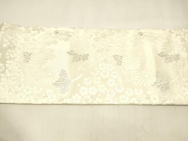 平和屋着物○九寸名古屋帯 唐織 草花文 銀糸 正絹 逸品 DABA0612cm