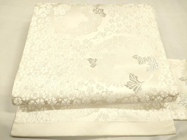 平和屋着物○九寸名古屋帯 唐織 草花文 銀糸 正絹 逸品 DABA0612cm