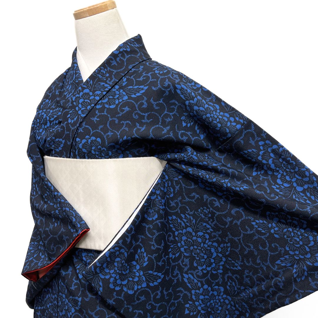 小紋 洗える着物 牡丹 唐草 花模様 ダークトーン 着物 123 b d ms