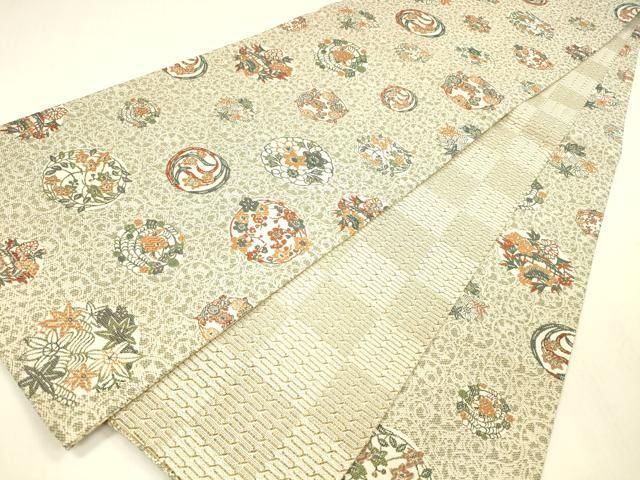 平和屋着物○両面 全通柄袋帯 風景花鳥文 市松文様 正絹 逸品