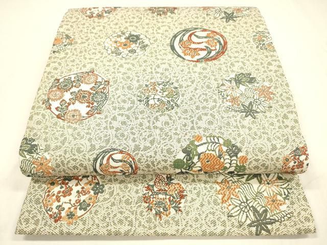 平和屋着物○両面 全通柄袋帯 風景花鳥文 市松文様 正絹 逸品